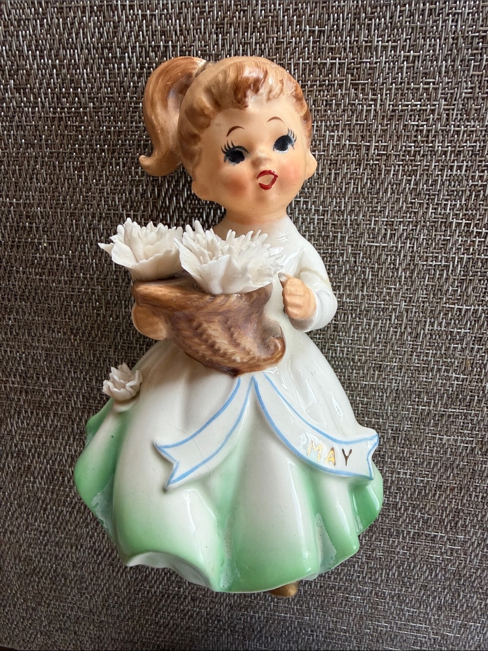 Vintage Ceramic Figurine 'May' Girl Holding Flowers JAPAN Very Sweet